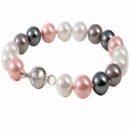 Perlen-Armband, geknotet, aus  original Muschelkern-Perlen Bright White-Lachs-Brown-Grey